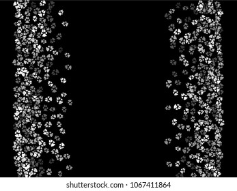 Dog or cat paw white footprint, isolated on black back layer. Doggo, puppy or kitten foot steps vector silhouette. Cute animal backdrop of paw foot print for illustration or fashion design.