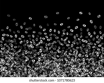 Dog or cat paw white footprint, isolated on black back layer. Doggo, puppy or kitten foot steps vector silhouette. Cute animal background of paw foot print for illustration or fashion design.