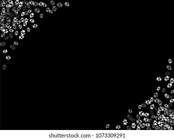 Dog or cat paw white footprint, isolated on black back layer. Doggo, puppy or kitten foot steps vector silhouette. Cute animal backdrop of paw foot print for illustration or interior design.
