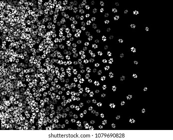 Dog or cat paw white footprint, isolated on black back layer. Doggo, puppy or kitten foot steps vector silhouette. Cute animal background of paw foot print for illustration or fashion design.