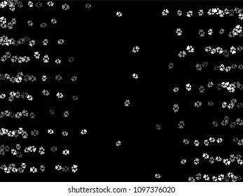 Dog or cat paw white footprint, isolated on black back layer. Doggo, puppy or kitten foot steps vector silhouette. Cute animal background of paw foot print for illustration or fashion design.
