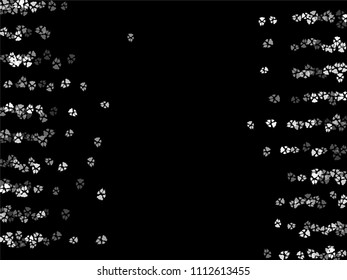 Dog or cat paw white footprint, isolated on black back layer. Doggo, puppy or kitten foot steps vector contour. Cute animal backdrop of paw foot print for illustration or interior design.