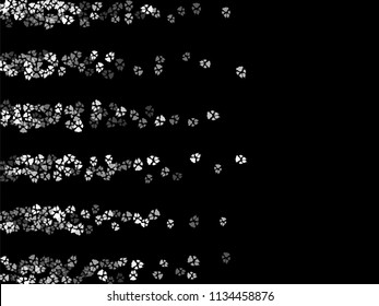 Dog or cat paw white footprint, isolated on black back layer. Doggo, puppy or kitten foot steps vector silhouette. Cute animal backdrop of paw foot print for illustration or fashion design.