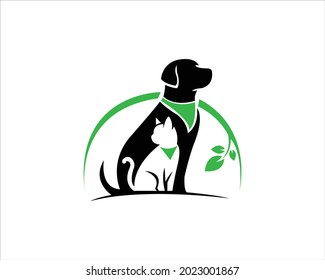 Dog And Cat Pet Animal Logo With Leaf  Vector Template Design.