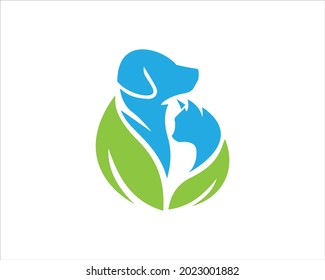 Dog And Cat Pet Animal Logo With Leaf  Vector Template Design.