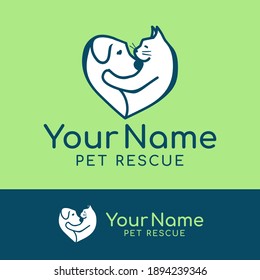 Dog And Cat, Pet Caring Logo With Heart Shape. Animal Rescue Modern Symbol. 