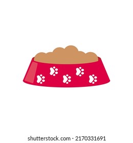 Dog or cat and pet dry food bowl with footprints, paw prints. Flat style vector illustration isolated on white background.