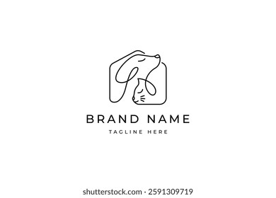 dog cat pet home care logo in minimalist linear outline design style continuous line