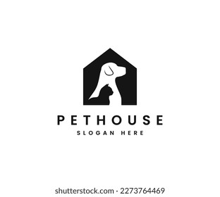 Dog cat pet house home logo vector icon negative space template