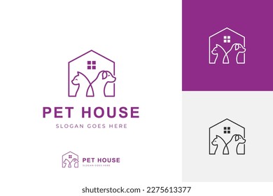 dog cat pet house home logo, vector icon line art logo, outline pet shop logo template