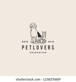 dog cat pet lover logo hipster vintage old hand drawing vector illustration