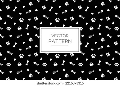 Dog cat pet paws, bones food, and heart cute white icon vector seamless repeat pattern on a black background