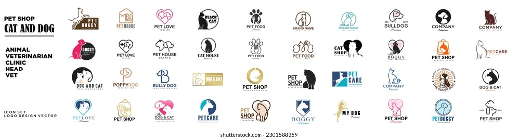 Clínica de Tienda de Mascotas para Perro Gato conjunto de iconos Logotipo vector . Este logotipo podría utilizarse como logotipo de tienda de mascotas, clínica de mascotas