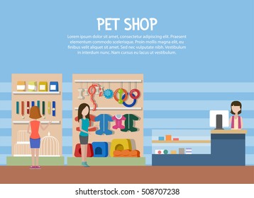 Dog And Cat Pet Shop Or Store Interior. Woman Shopping For Animals Food And Goods, Food Bone And Accessories, Bird Cage. Veterinarian Shop Or Store Theme, Counter Or Mammal Zoo Supermarket, Zoology