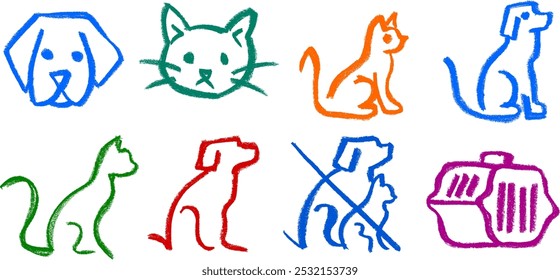 Perro Gato Mascotas Icono relacionado Crayón Tiza Dibujo Vector Set