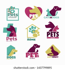 Dog and cat pets vet clinic and shelter isolated icons vector treatment and veterinarian medicine domestic animals healthcare love and care emblems and logo paw print and heart cross and house.