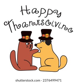 Dog and cat in pilgrim's hats celebrate Thanksgiving day. Hand drawn vector illustration on white background. 