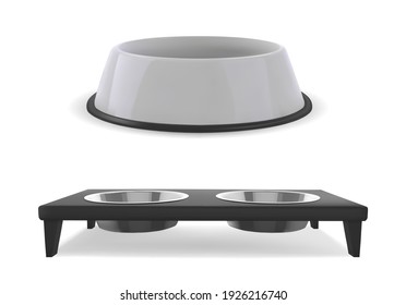 Dog or cat plastic bowl. Realistic white 3d container for food. Isolated vector illustration.