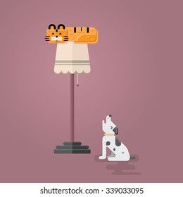 dog and cat playing on the lamp in flat style