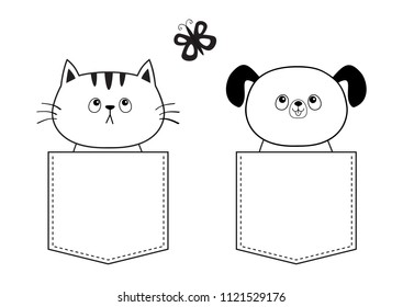 Dog cat in the pocket  flying butterfly  Doodle linear sketch  Cute cartoon pet animal  Puppy pooch character  Dash line  White   black color  T  shirt design  Baby background  Isolated  Flat Vector