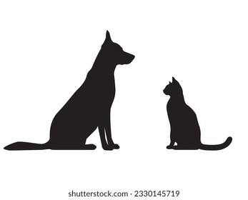 Dog and cat profile black silhouettes. Pets shadow side view. Vector illustration isolated on a white background  