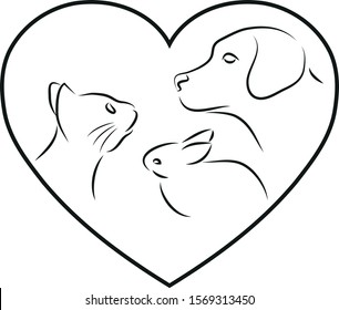 Dog, cat, rabbit and heart drawn