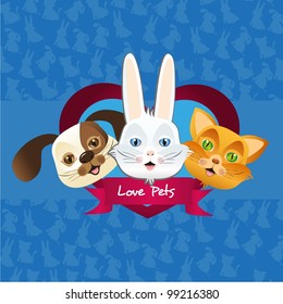 dog, cat and rabbit label, isolated over background of silhouettes