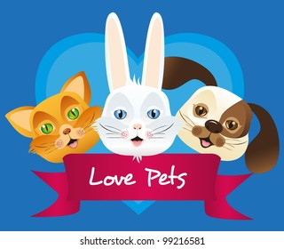 dog, cat and rabbit label, isolated over blue background