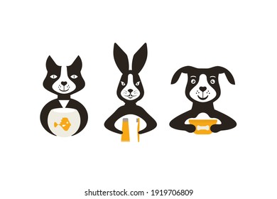 Dog, cat and rabbit logos. Collection of emblems for advertising a pet shop, veterinary clinic, products for animals. Vector illustration.Flat design..