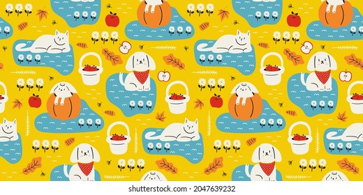 The dog cat and rabbit in the park on a autumn season. seamless pattern,yellow background,animal,vector for design.