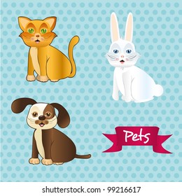 dog, cat and rabbit sitting on tender dots pattern