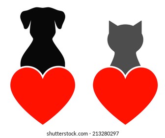 dog and cat with red heart on white background