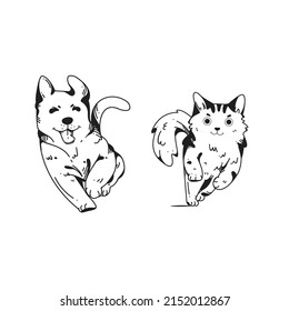 Dog And Cat Running In Monoline Style