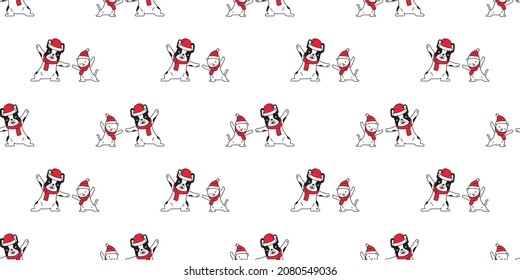 dog cat seamless pattern Christmas french bulldog Santa Claus hat kitten calico vector cartoon scarf isolated repeat wallpaper tile background illustration design