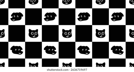 dog cat seamless pattern puppy kitten face smiling head vector pet cartoon checked gift wrapping paper repeat wallpaper tile background doodle illustration silhouette isolated design