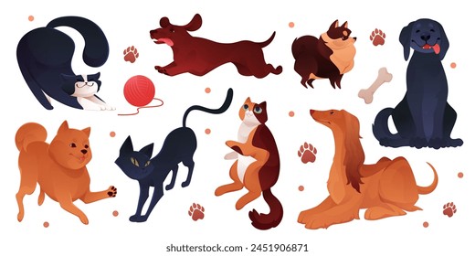 Dog and cat set. Cute pet. Puppy and kitty flat cartoon, cute play fur kitten, funny animal playing. Shop and veterinarian clinic decor. Background design, happy face. Vector isolated illustration