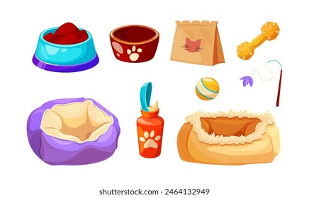 Dog or cat shop goods icon with food bag vector. Puppy supplies for house in store. Isolated pet care product collection. Ball, bottle and different canine indoor home interior element and accessories