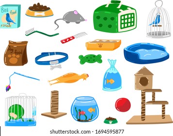 Dog Cat Shop, Pet Accessories Vector Illustration. Cartoon Flat Food, Toy, Collar, Bowl For Care Animal. Cat Bed House Or Box, Ball, Cage, Aquarium. Pet Shopping Supplies Set Icons Isolated On White