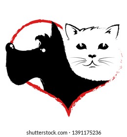 Dog and cat silhouette in the heart, pet care