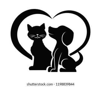 dog and cat silhouette in a heart shape love vector icon illustration