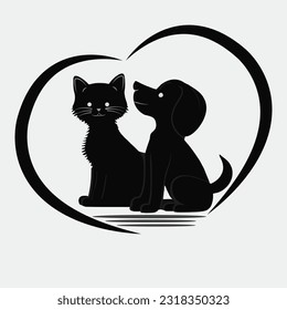 Dog and cat silhouette in a love shape vector illustration. This is an editable and printable high quality vector eps file.