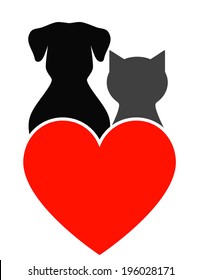 dog, cat silhouette and red heart on white background