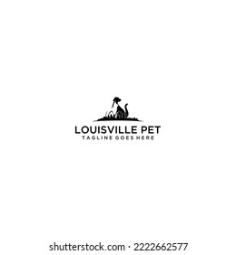 Dog and cat silhouette sitting together on grassy hill animal companion graphic design