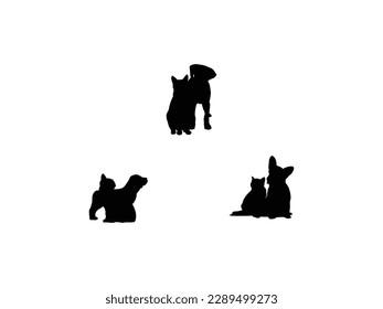 Dog and cat silhouettes of animals.Dog and cat silhouette vector illustration urban pets.Simple smiley pet face vector illustration set.vector icons isolated on white background.Friends Pet Icon.