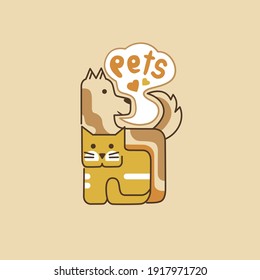 Dog and cat simple design logo. Cute cartoon pets. Veterinary clinic color logo tamplate. Isolated vector illustration.