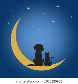 a dog and a cat sit on the moon under the stars at night