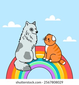 dog and cat sitting on rainbow in sky with clouds. pet death concept. vector illustration