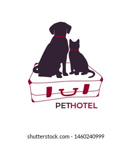 Dog and cat sitting on a suitcase. Pet hotel icon, logo, concept. Vector illustration, eps8