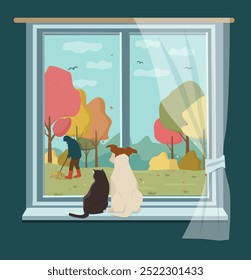 Un perro y un gato están sentados en el alféizar de la ventana y mirando por la ventana al paisaje otoñal. Ilustración vectorial.