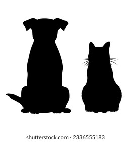 Dog and cat sitting together silhouette. Vector illustration